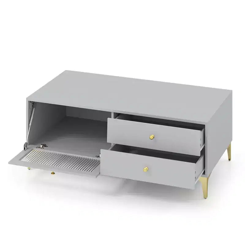 Mobile TV grigio con anta a ribalta e 2 cassetti, adatto per TV fino a 55"