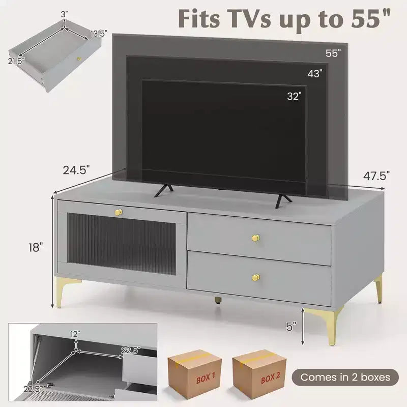 Mobile TV grigio con anta a ribalta e 2 cassetti, adatto per TV fino a 55"