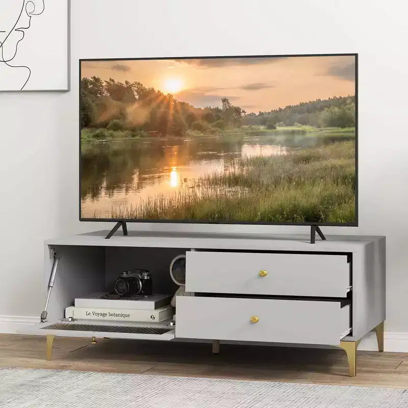 Mobile TV grigio con anta a ribalta e 2 cassetti, adatto per TV fino a 55"