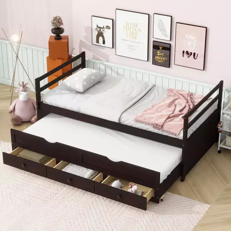 Whisen Twin Size Pine Wood Bed with Headboard, Footboard, Trundle and Three Storage Drawers