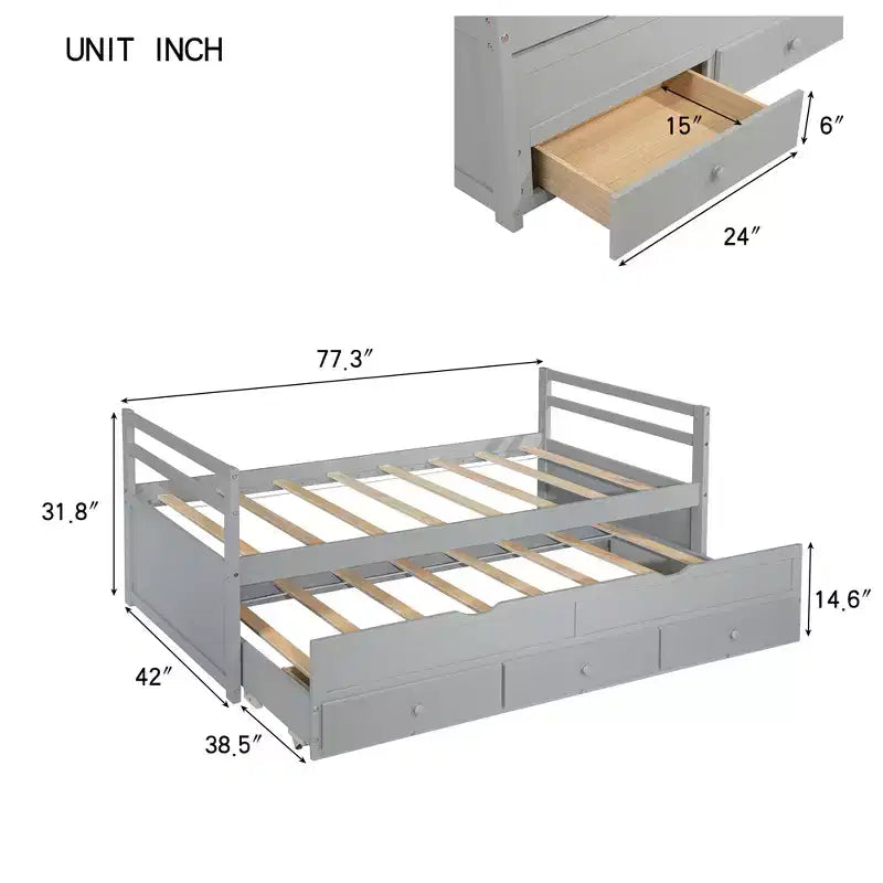 Letto gemello grigio/bianco con letto estraibile e 3 cassetti, per 2 persone