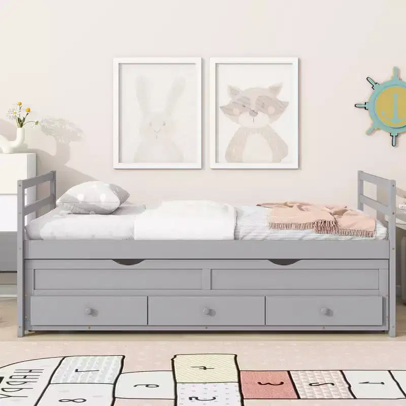Letto gemello grigio/bianco con letto estraibile e 3 cassetti, per 2 persone