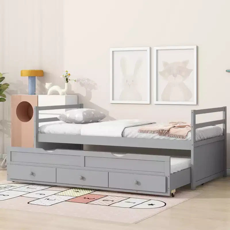 Letto gemello grigio/bianco con letto estraibile e 3 cassetti, per 2 persone