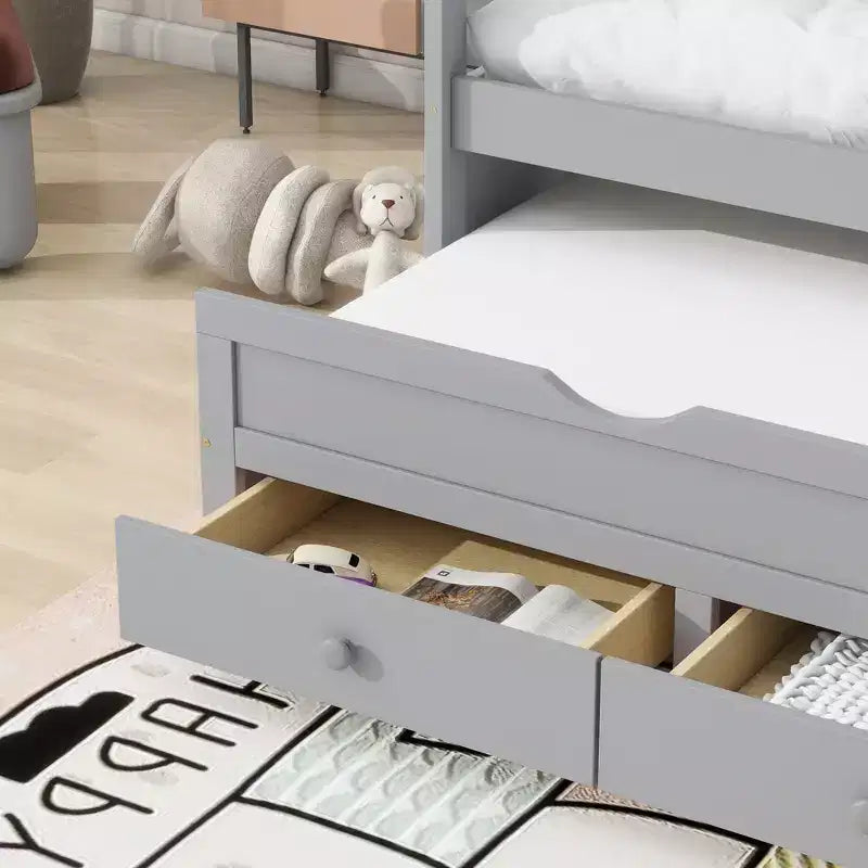 Letto gemello grigio/bianco con letto estraibile e 3 cassetti, per 2 persone