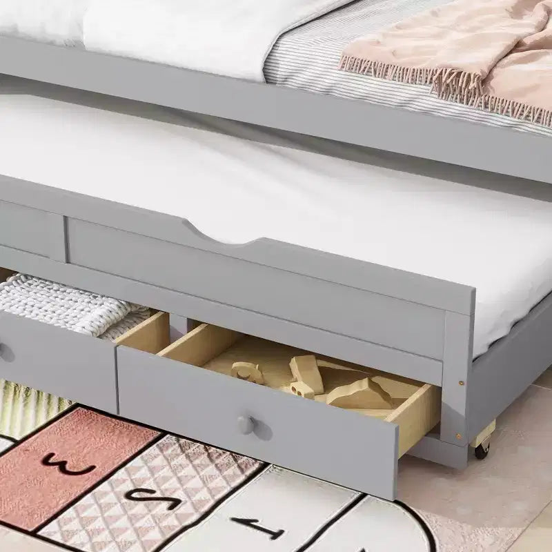 Letto gemello grigio/bianco con letto estraibile e 3 cassetti, per 2 persone