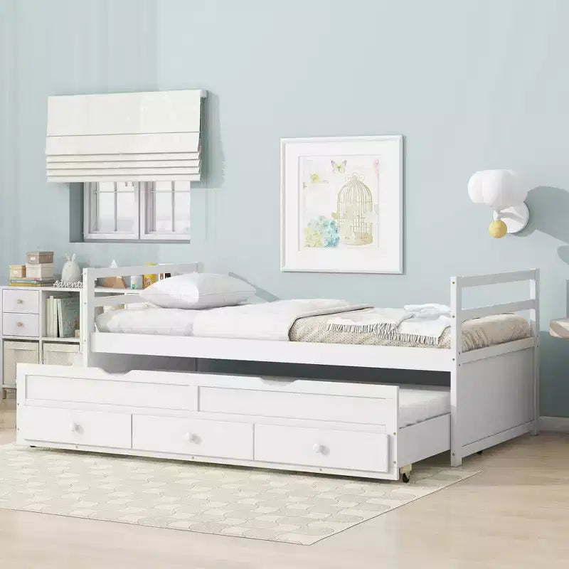 Letto gemello grigio/bianco con letto estraibile e 3 cassetti, per 2 persone