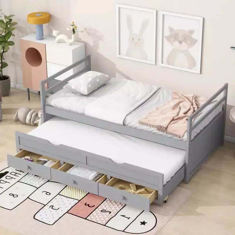 Letto gemello grigio/bianco con letto estraibile e 3 cassetti, per 2 persone