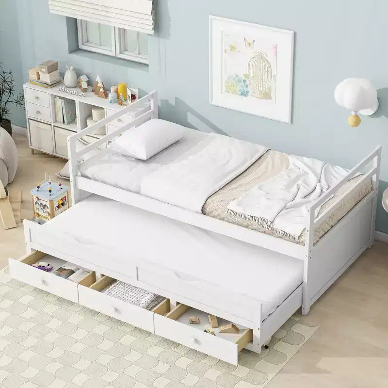 Letto gemello grigio/bianco con letto estraibile e 3 cassetti, per 2 persone
