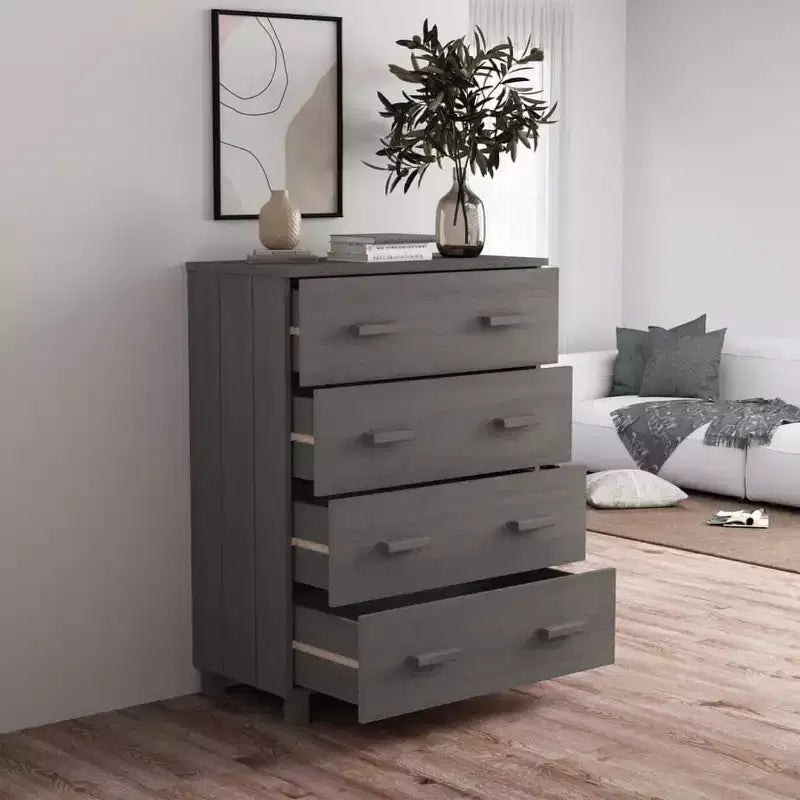 Madia in legno – Marrone miele / Grigio chiaro / Bianco | Cassettiera a 5 cassetti