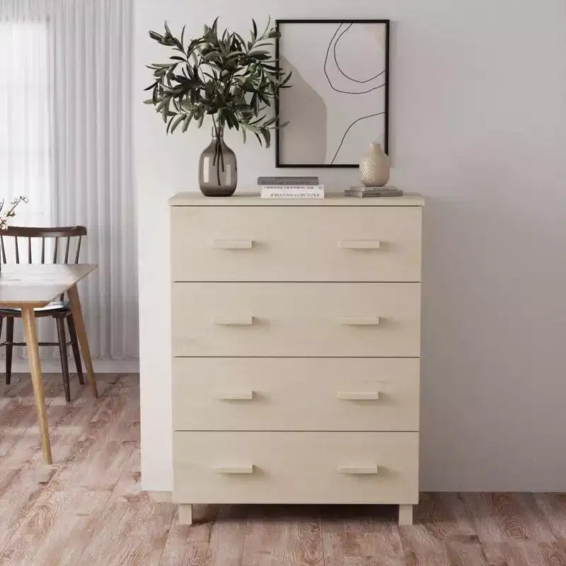 Madia in legno – Marrone miele / Grigio chiaro / Bianco | Cassettiera a 5 cassetti