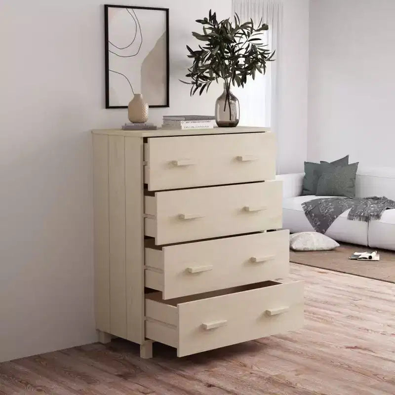 Madia in legno – Marrone miele / Grigio chiaro / Bianco | Cassettiera a 5 cassetti