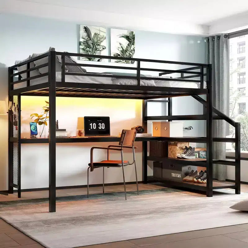 Letto a soppalco Queen nero con scrivania e scale contenitore, struttura in metallo, per 1 persona