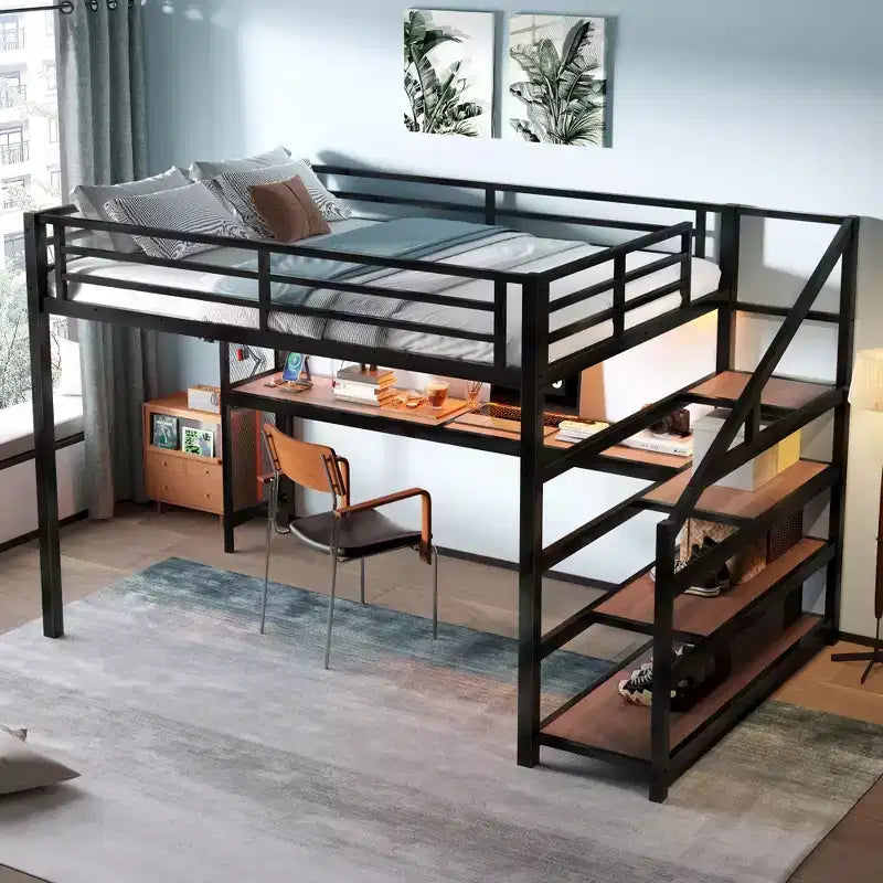 Letto a soppalco Queen nero con scrivania e scale contenitore, struttura in metallo, per 1 persona