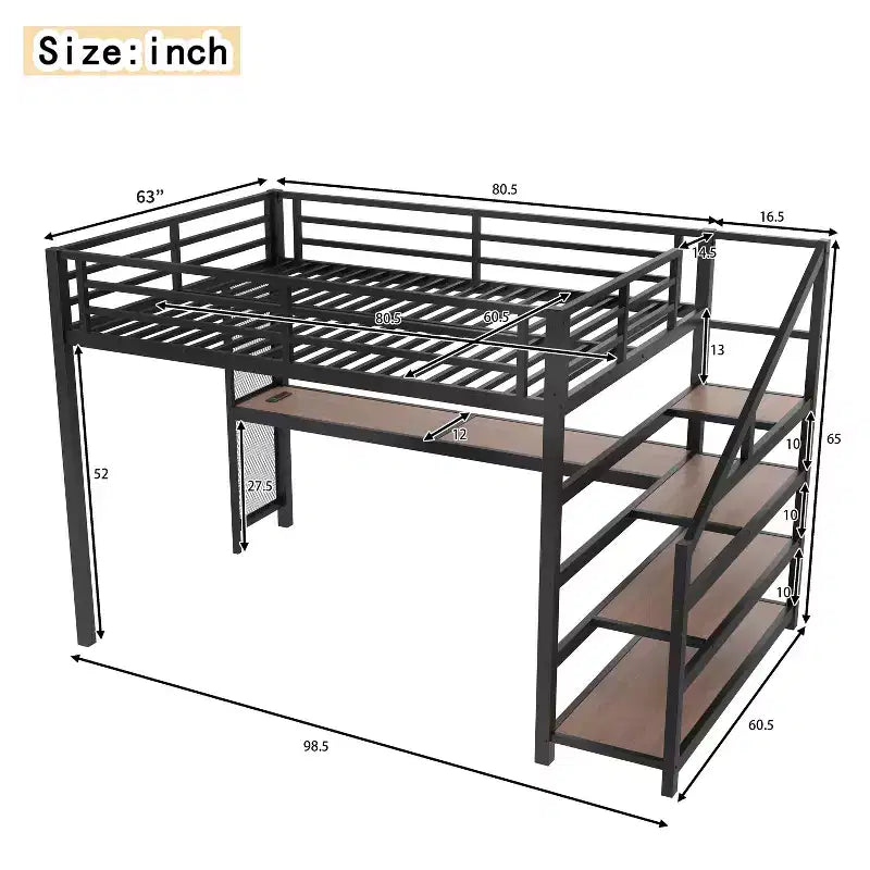 Letto a soppalco Queen nero con scrivania e scale contenitore, struttura in metallo, per 1 persona