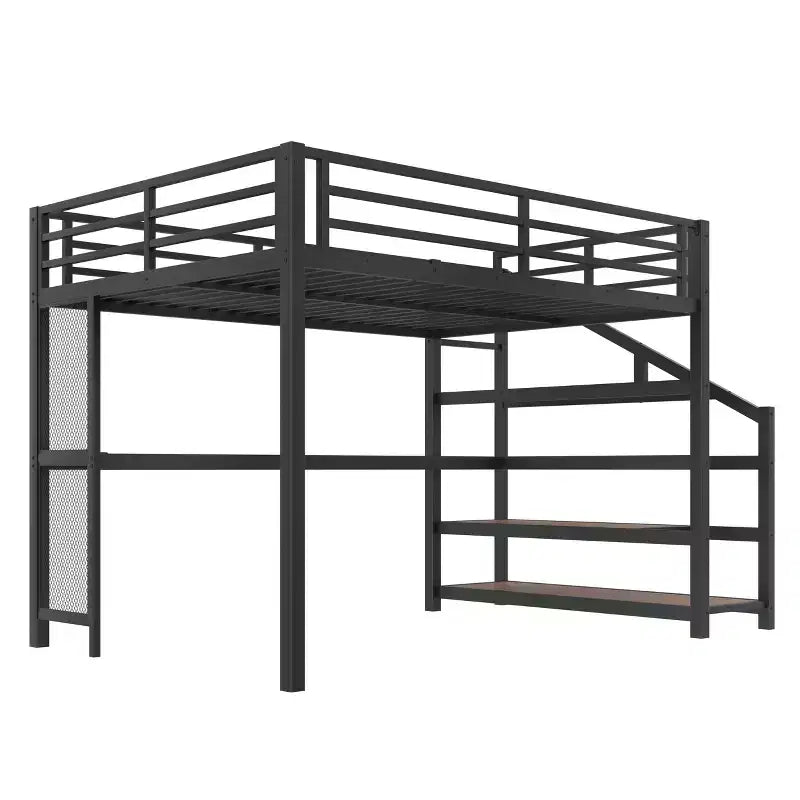 Letto a soppalco Queen nero con scrivania e scale contenitore, struttura in metallo, per 1 persona