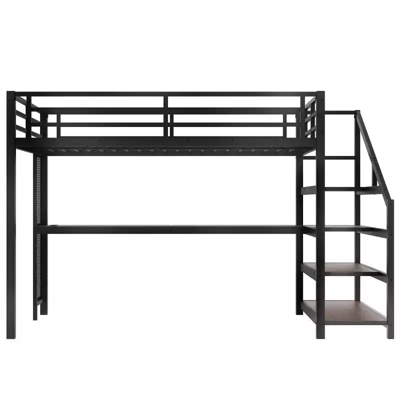 Letto a soppalco Queen nero con scrivania e scale contenitore, struttura in metallo, per 1 persona
