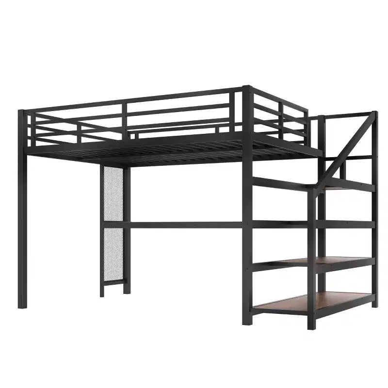 Letto a soppalco Queen nero con scrivania e scale contenitore, struttura in metallo, per 1 persona