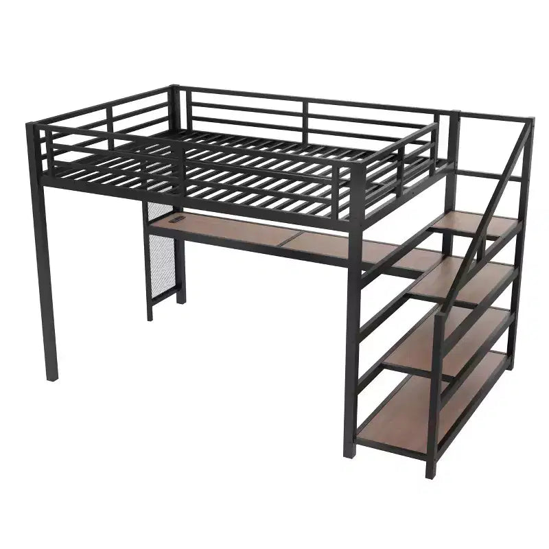 Letto a soppalco Queen nero con scrivania e scale contenitore, struttura in metallo, per 1 persona