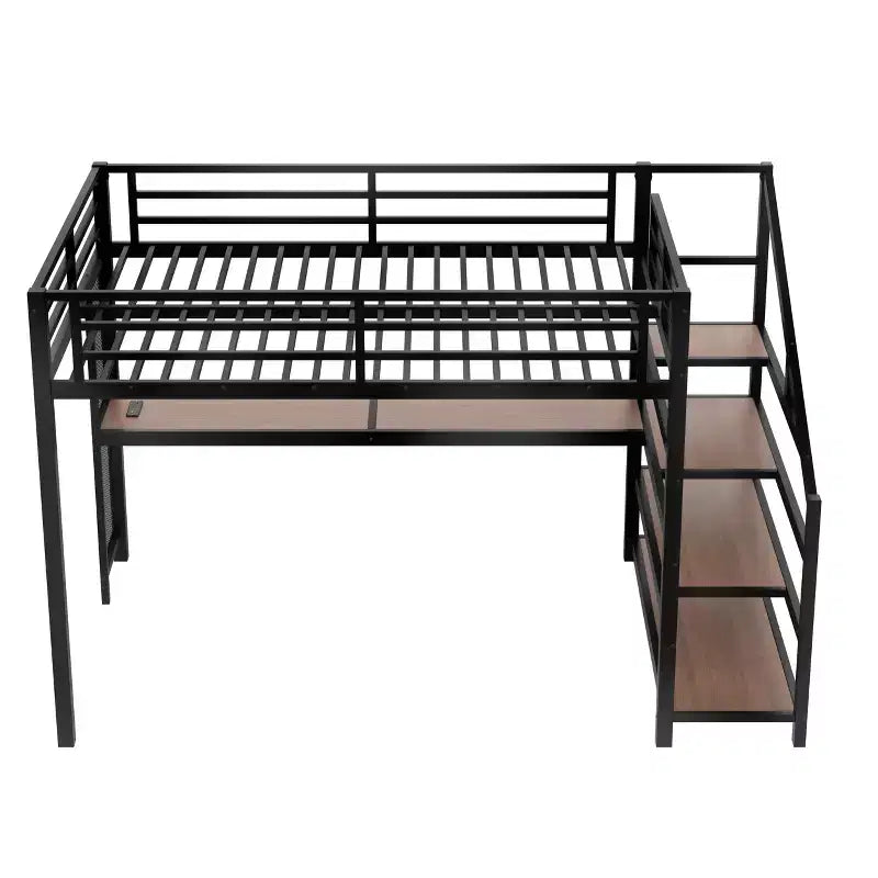 Letto a soppalco Queen nero con scrivania e scale contenitore, struttura in metallo, per 1 persona