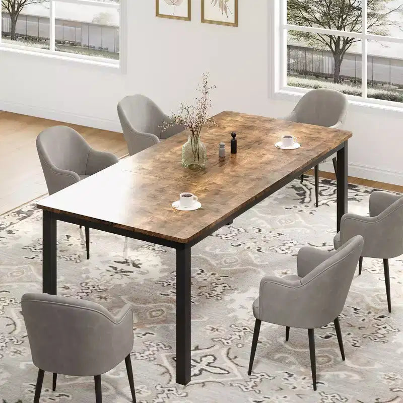 Tavolo da pranzo rettangolare nero/marrone con gambe in metallo, 6 posti, 180 cm