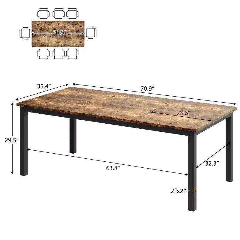 Tavolo da pranzo rettangolare nero/marrone con gambe in metallo, 6 posti, 180 cm