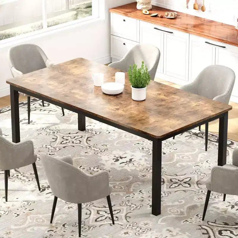 Tavolo da pranzo rettangolare nero/marrone con gambe in metallo, 6 posti, 180 cm