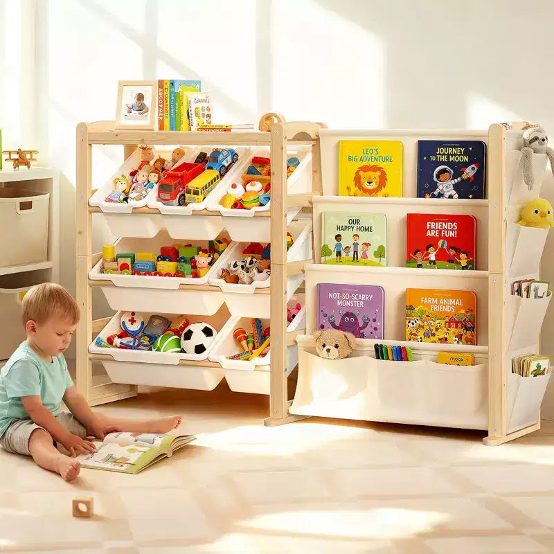 Solid Wood Toy Organizer and Bookshelf 2-in-1, Natural Pine Kids Storage Shelf with 7 Bins, Side Pockets and 4-Tier Book Rack for Playroom or Nursery