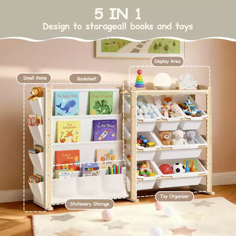Organizzatore giocattoli e libreria 2 in 1 in pino naturale, per 1-2 bambini