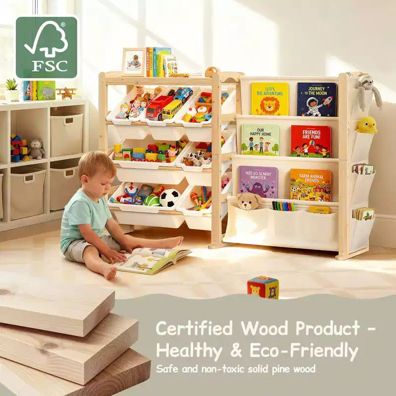 Organizzatore giocattoli e libreria 2 in 1 in pino naturale, per 1-2 bambini