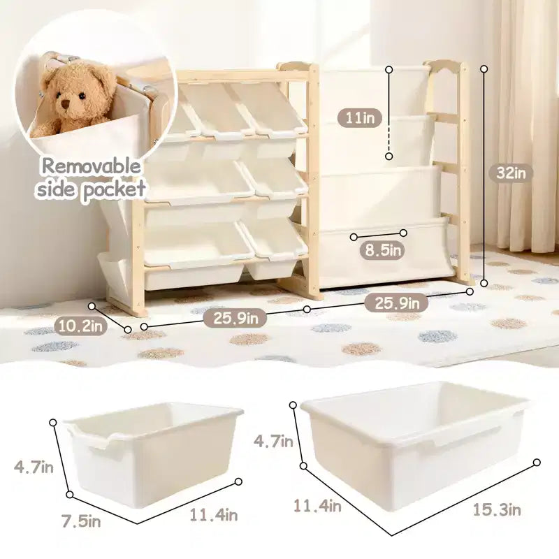 Organizzatore giocattoli e libreria 2 in 1 in pino naturale, per 1-2 bambini