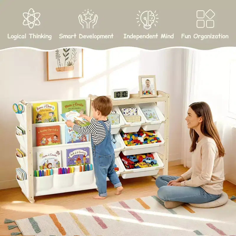 Organizzatore giocattoli e libreria 2 in 1 in pino naturale, per 1-2 bambini