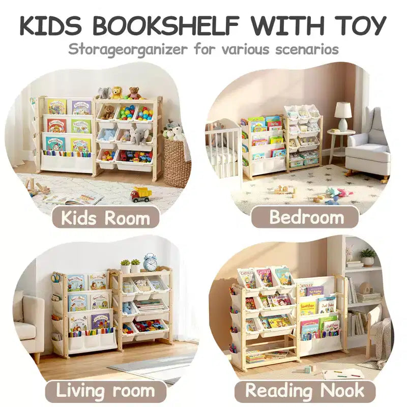 Organizzatore giocattoli e libreria 2 in 1 in pino naturale, per 1-2 bambini