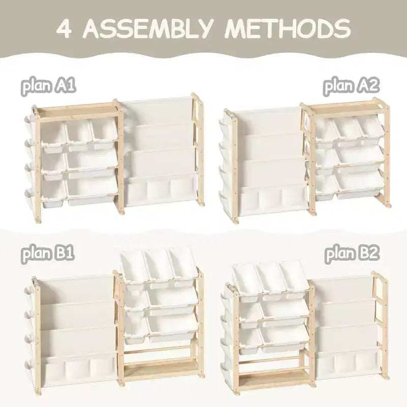 Organizzatore giocattoli e libreria 2 in 1 in pino naturale, per 1-2 bambini