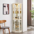 Corner Glass Display Cabinet with Light, Carved Decoration, and Adjustable Shelves for Bar or Wine