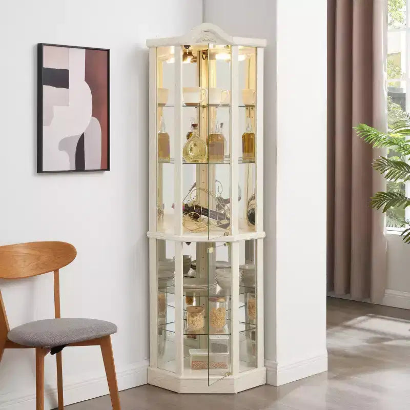 Corner Glass Display Cabinet with Light, Carved Decoration, and Adjustable Shelves for Bar or Wine