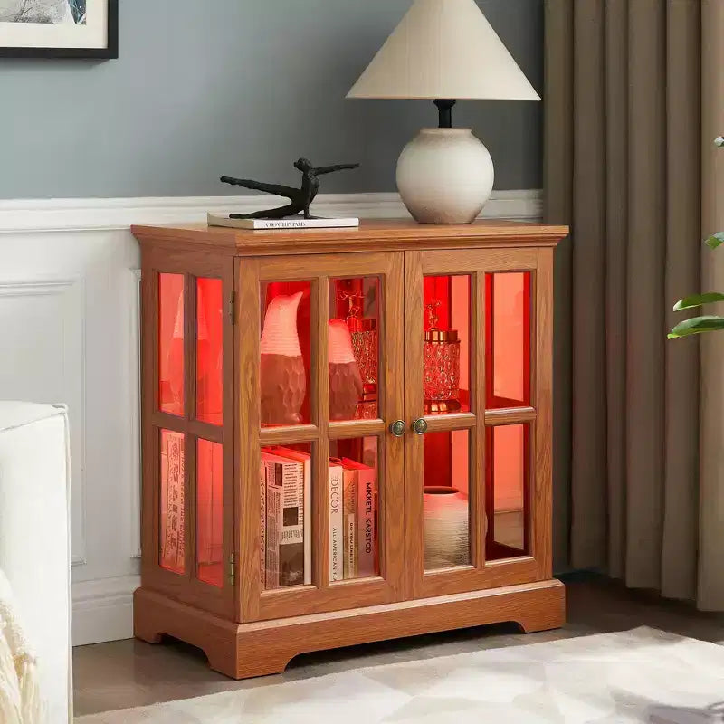 Vetrina in Legno Marrone e Vetro con Ante a Griglia e Illuminazione a LED, 2 Ante, Montaggio 1 Persona