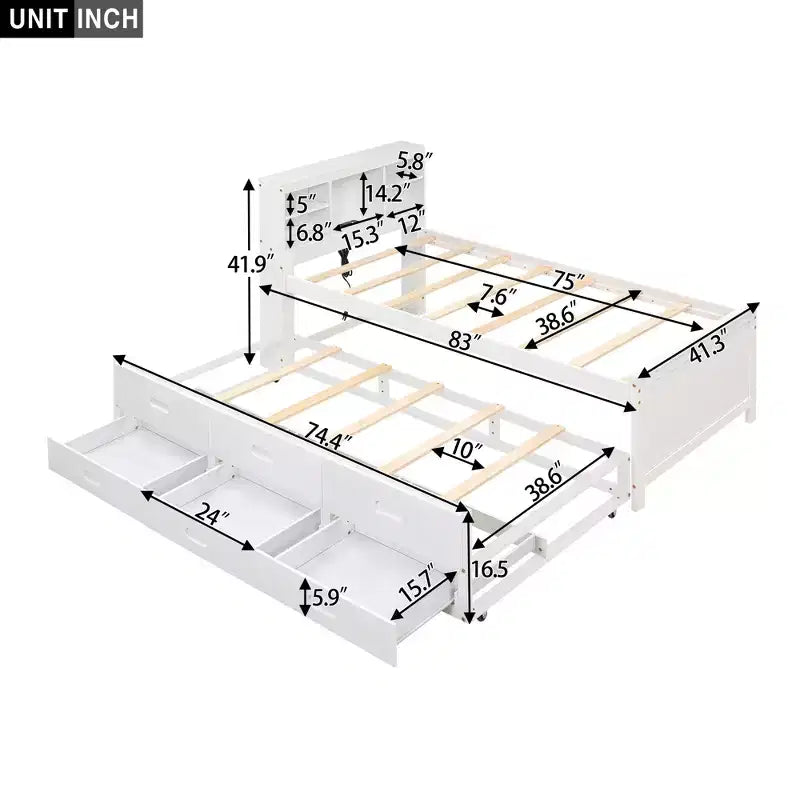 Letto a piattaforma grigio/bianco con testiera contenitore e USB, singolo/una piazza e mezza, per 1-2 persone