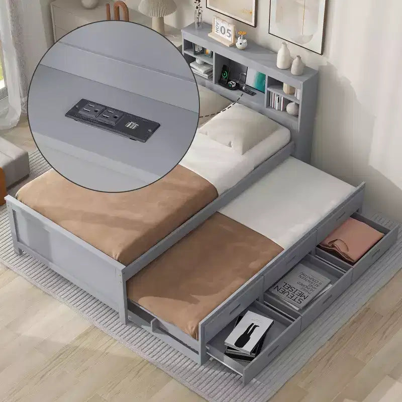 Letto a piattaforma grigio/bianco con testiera contenitore e USB, singolo/una piazza e mezza, per 1-2 persone