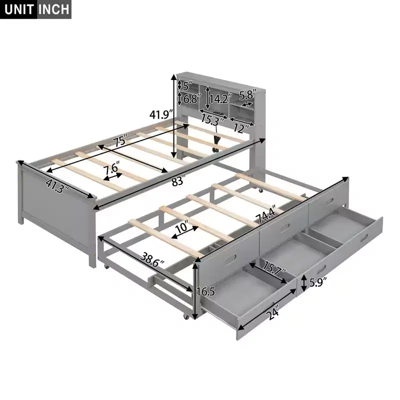 Letto a piattaforma grigio/bianco con testiera contenitore e USB, singolo/una piazza e mezza, per 1-2 persone