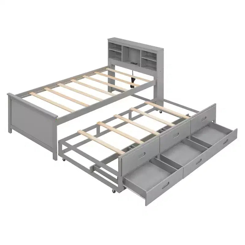 Letto a piattaforma grigio/bianco con testiera contenitore e USB, singolo/una piazza e mezza, per 1-2 persone
