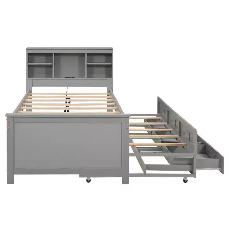 Letto a piattaforma grigio/bianco con testiera contenitore e USB, singolo/una piazza e mezza, per 1-2 persone