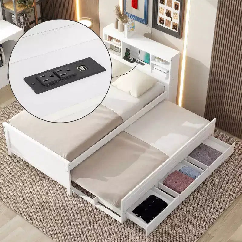 Letto a piattaforma grigio/bianco con testiera contenitore e USB, singolo/una piazza e mezza, per 1-2 persone