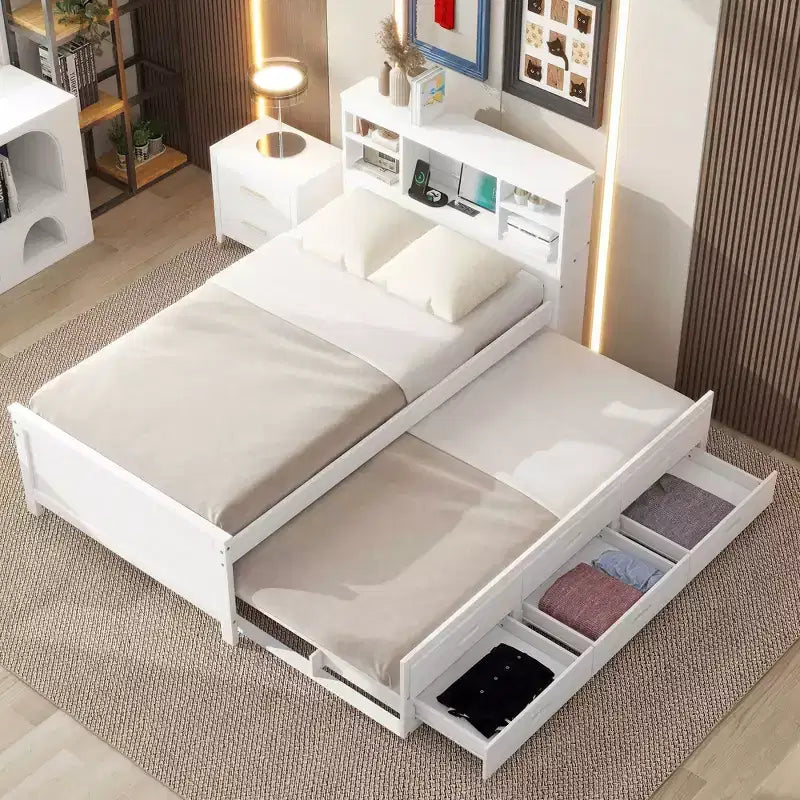 Letto a piattaforma grigio/bianco con testiera contenitore e USB, singolo/una piazza e mezza, per 1-2 persone