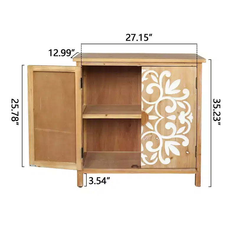 Credenza in Legno Naturale a 2 Ante con Ante Intagliate a Fiori, per 1