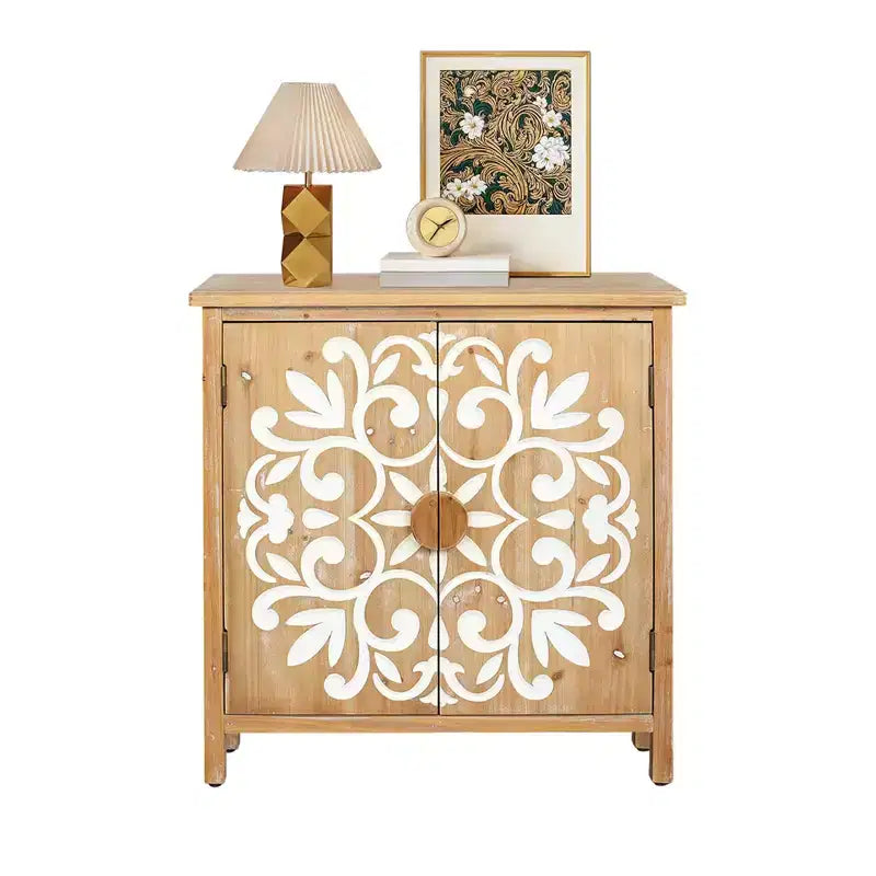 Credenza in Legno Naturale a 2 Ante con Ante Intagliate a Fiori, per 1