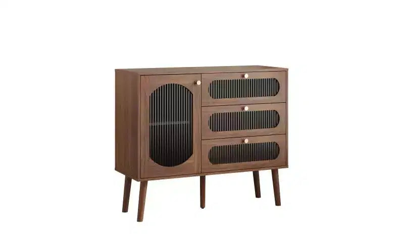 Mobiletto vintage in legno naturale con 3 cassetti e anta laterale