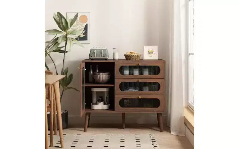 Mobiletto vintage in legno naturale con 3 cassetti e anta laterale