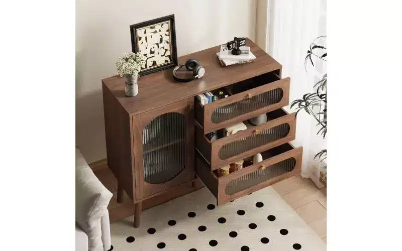 Mobiletto vintage in legno naturale con 3 cassetti e anta laterale