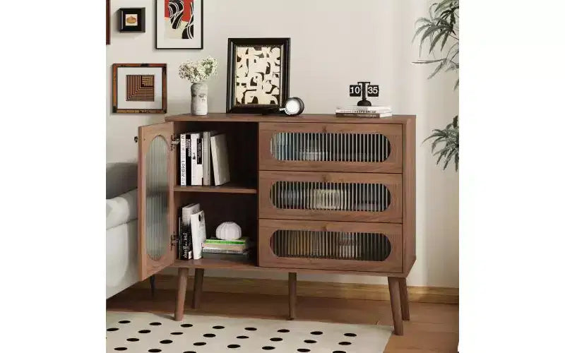 Mobiletto vintage in legno naturale con 3 cassetti e anta laterale