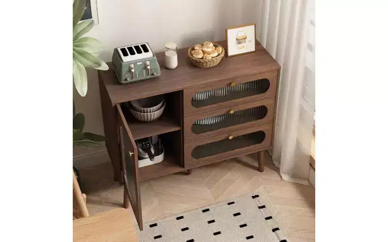 Mobiletto vintage in legno naturale con 3 cassetti e anta laterale